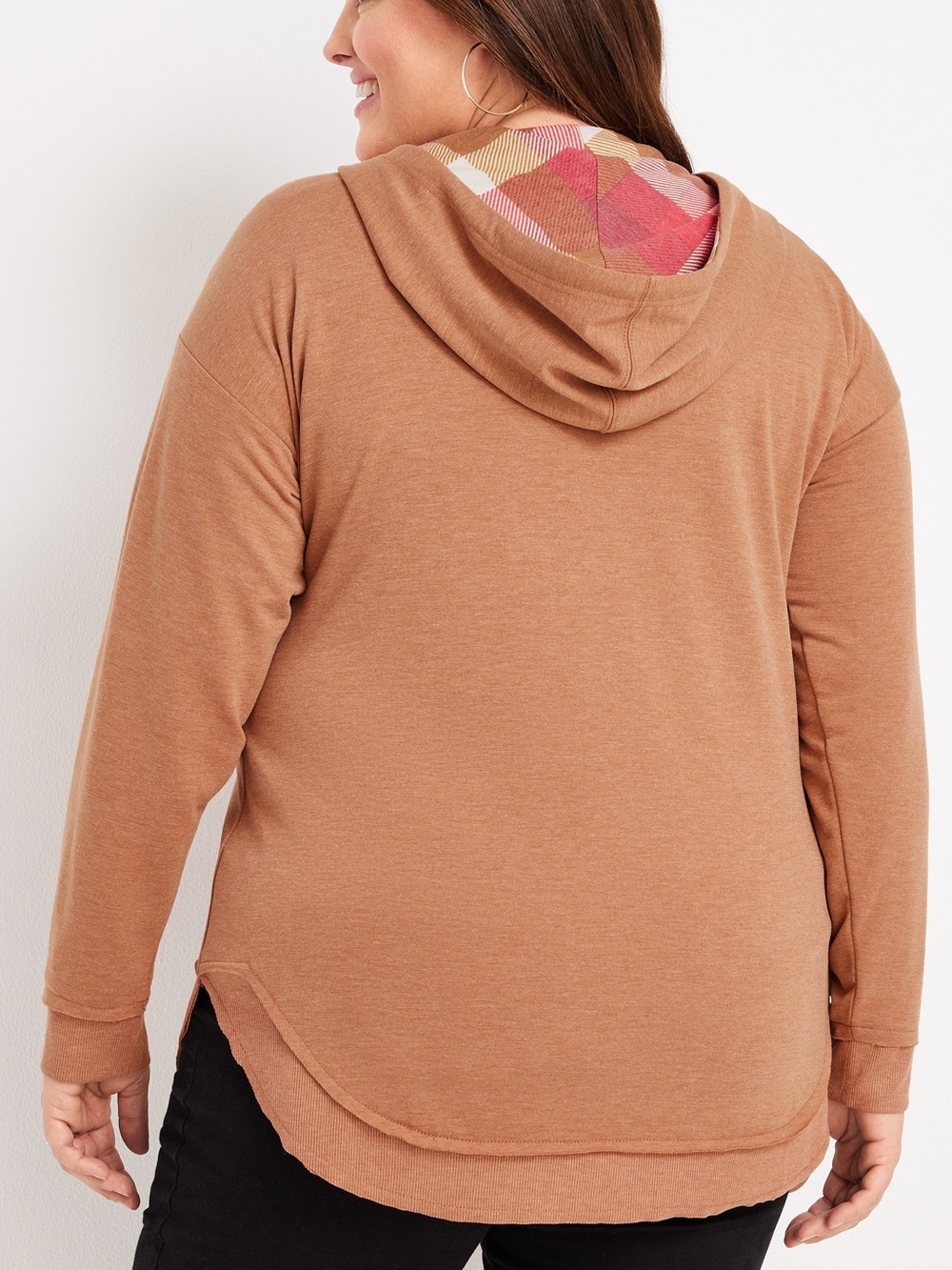 Maurices Brown Hooded Hooded Sweatshirt with Plaid Trim - Picture 3 of 7